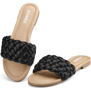 Women's Black Brown Round Open Toe Slide Summer Beach Flat Sandals Shoes